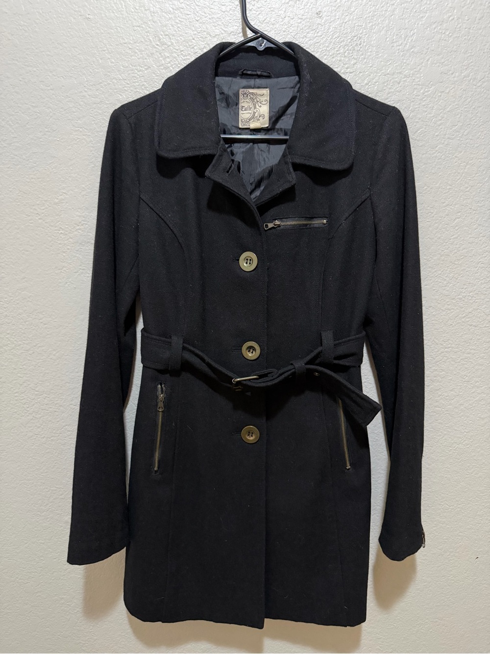 Tulle Y2K Wool Blend Black Belted Peacoat Size Medium Dark Academia